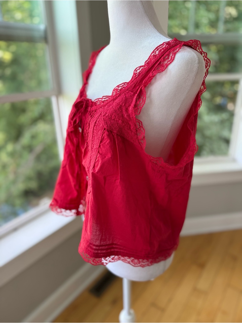 Vintage Red Cotton Lace-Trim Button Front Camisole Tank Top Size Large - Picture 2 of 9